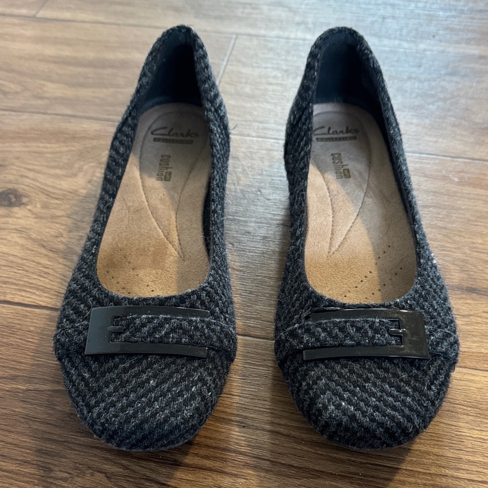 Clarks Charcoal Tweed Slip-On Flats with Buckle Accent